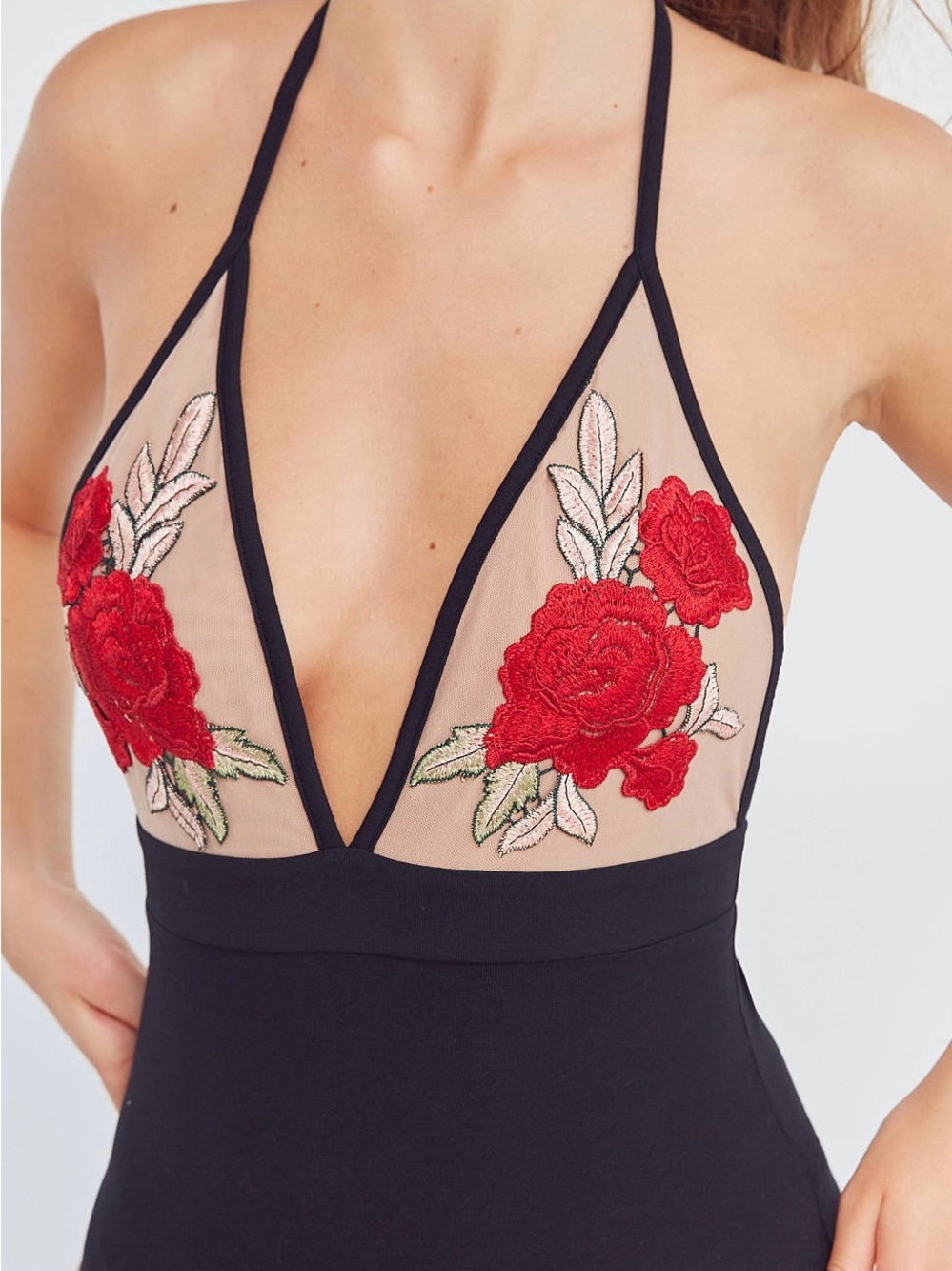 Urban Oufitters Out From Under  
Black Bodysuit fting floral rose embroidery